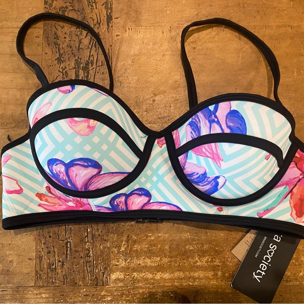 Swim Society Floral Bikini Top Strappy Sz Medium Summer Beach Swim Lake